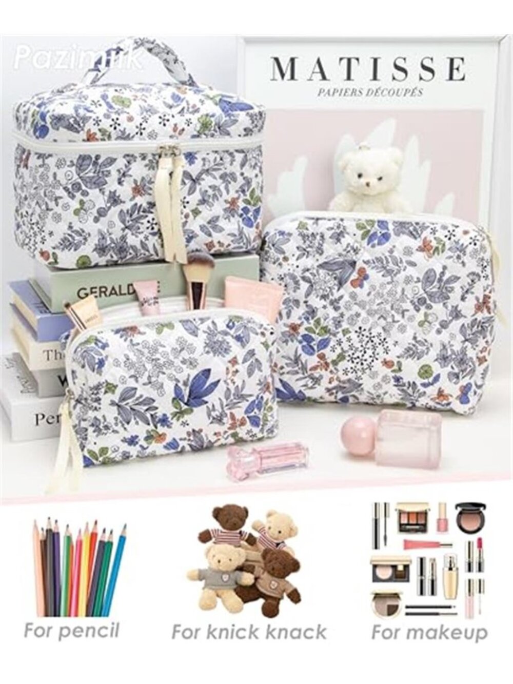 3 Piece Quilted Makeup Bag Set for Women,Cosmetic&Toiletry Bag,Leaf White - Picture 6 of 6